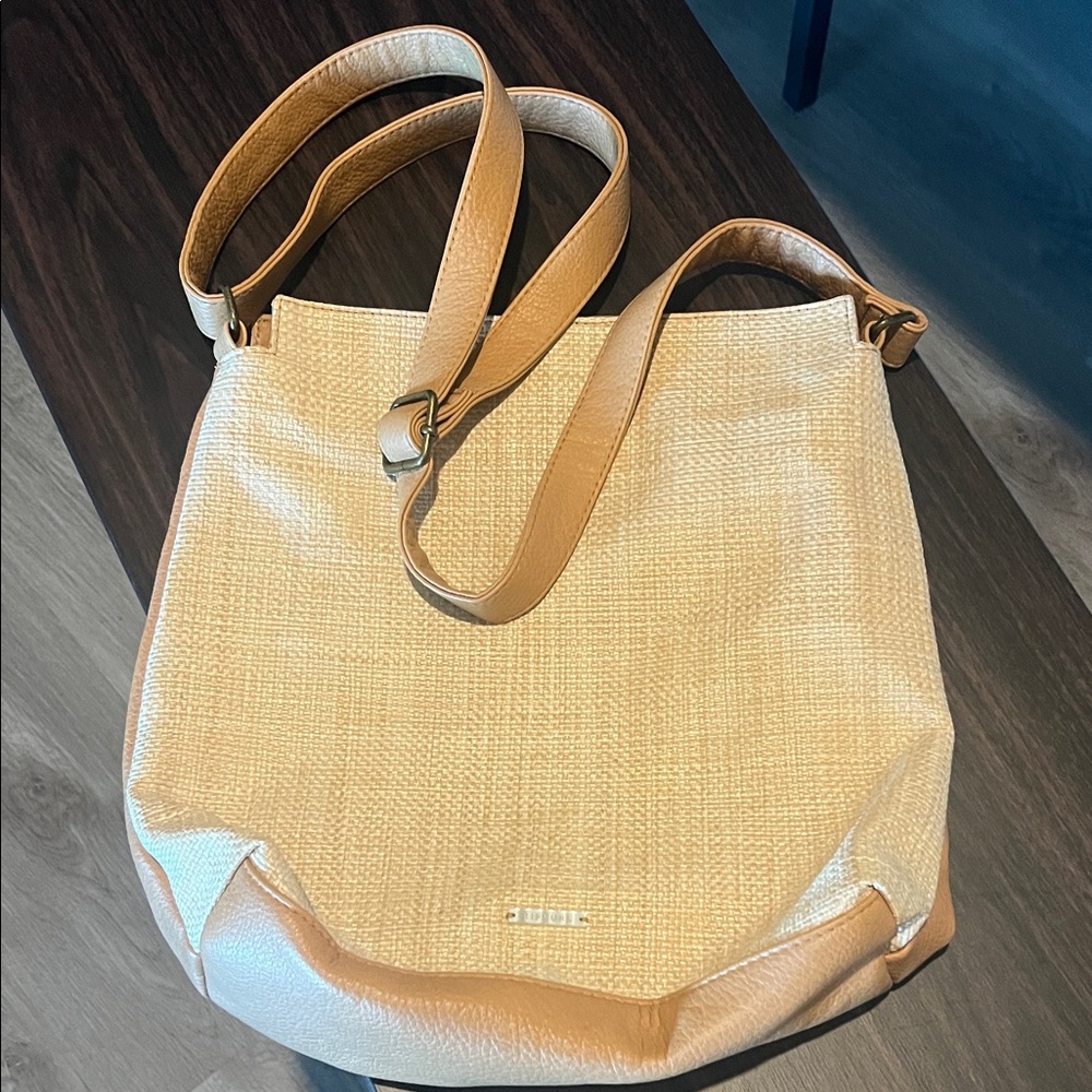 Beige Woven Tote Bag with Tan Leather Trim